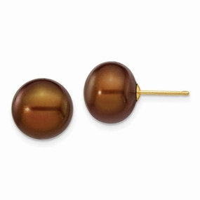 14k 10-11mm Coffee Button Freshwater Cultured Pearl Stud Post Earrings