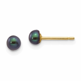 14k 3-4mm Black Button FW Cultured Pearl Stud Post Earrings