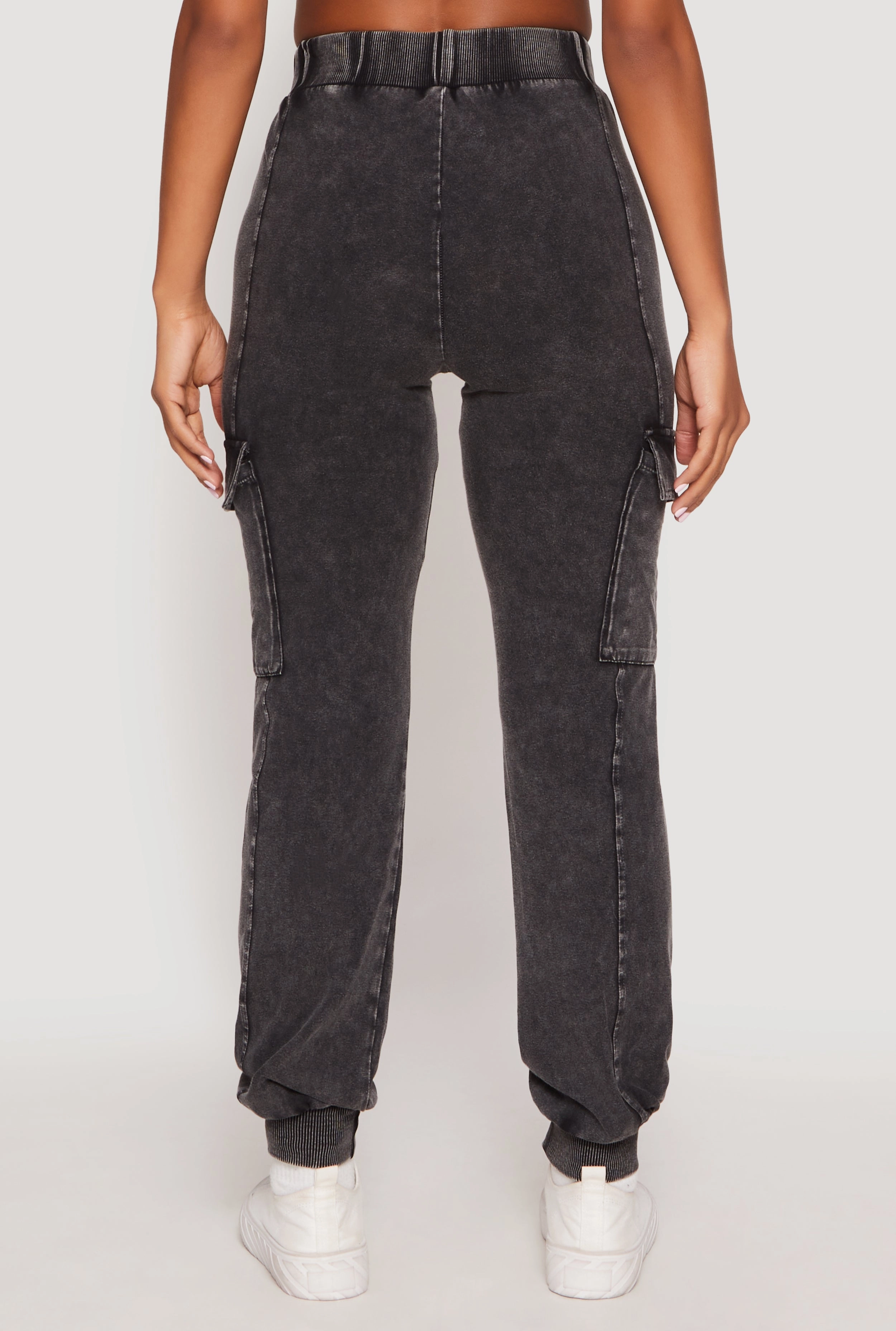 Acid Wash High Waisted Pintuck Cargo Joggers