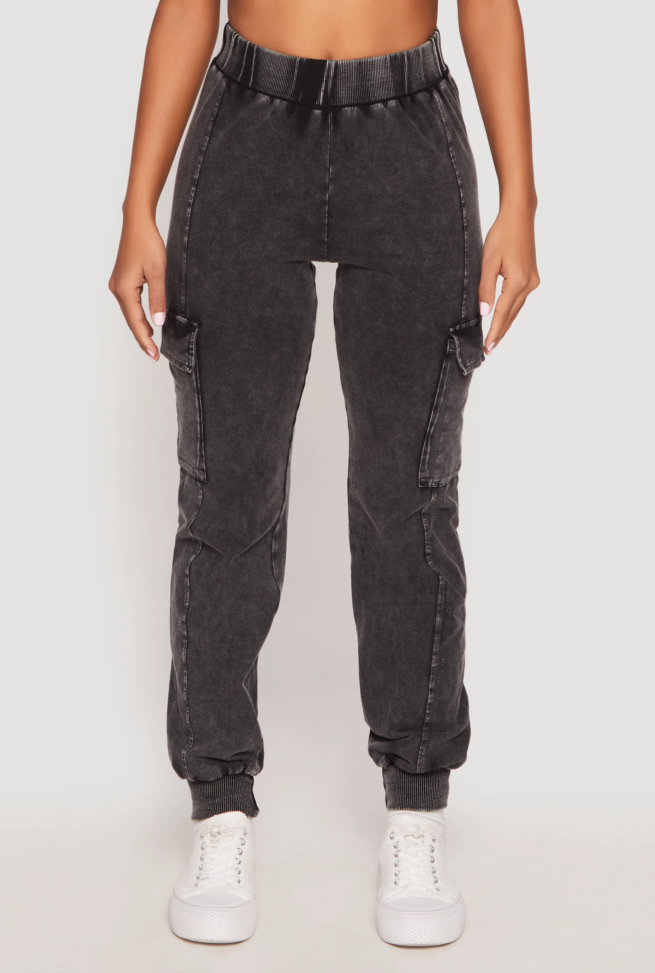 Acid Wash High Waisted Pintuck Cargo Joggers