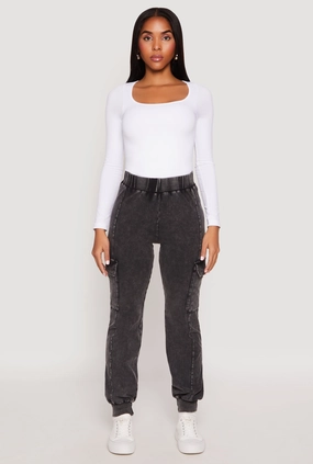 Acid Wash High Waisted Pintuck Cargo Joggers