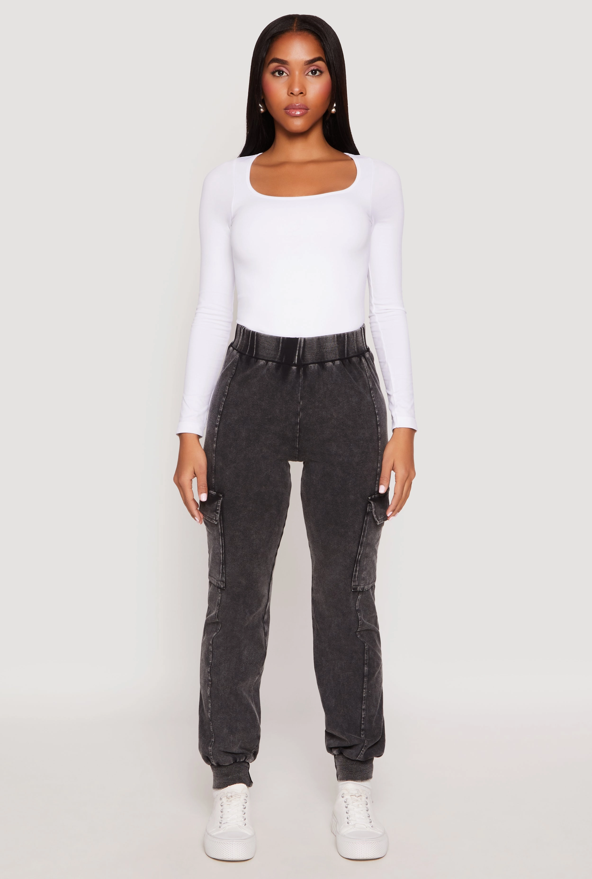 Acid Wash High Waisted Pintuck Cargo Joggers