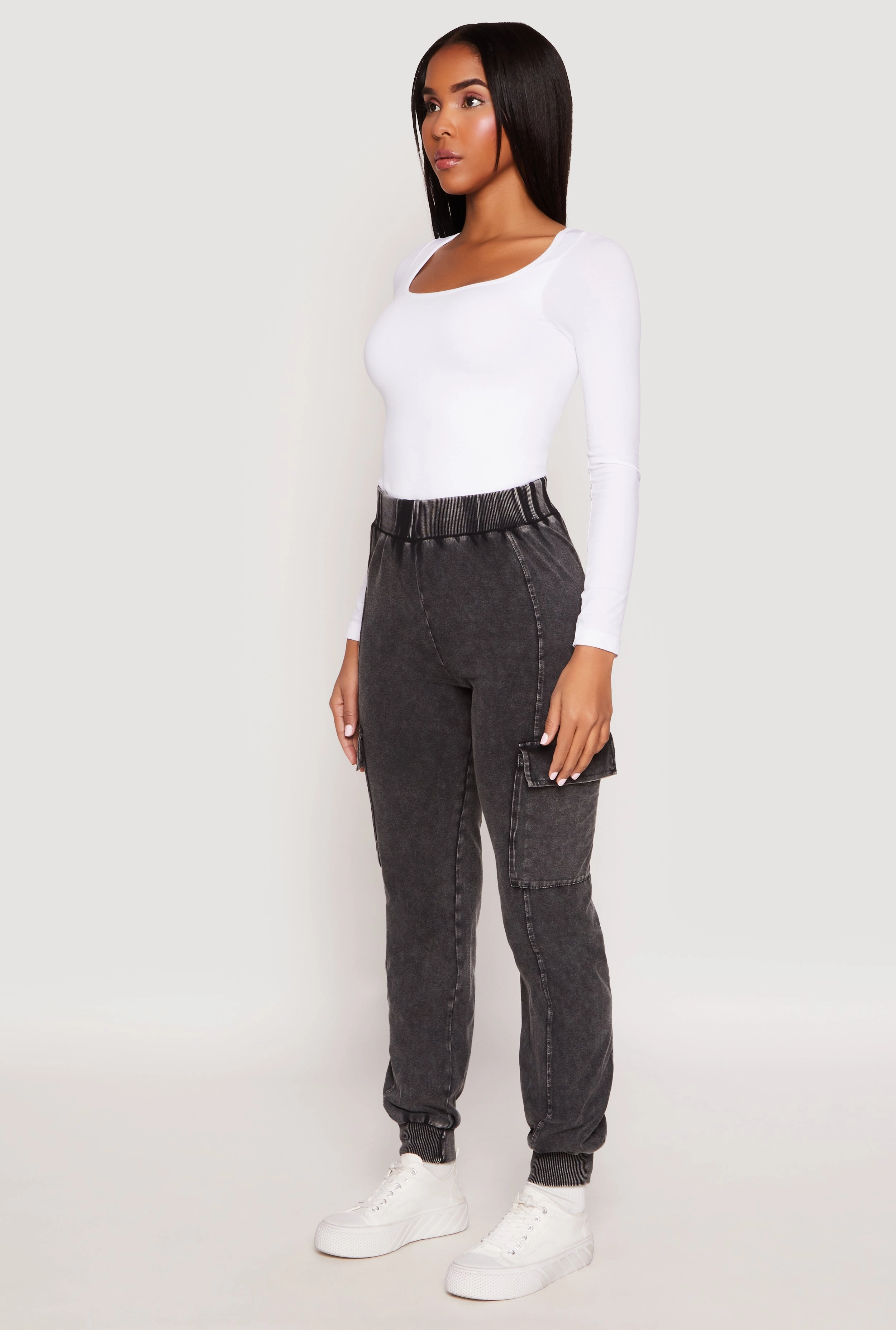 Acid Wash High Waisted Pintuck Cargo Joggers