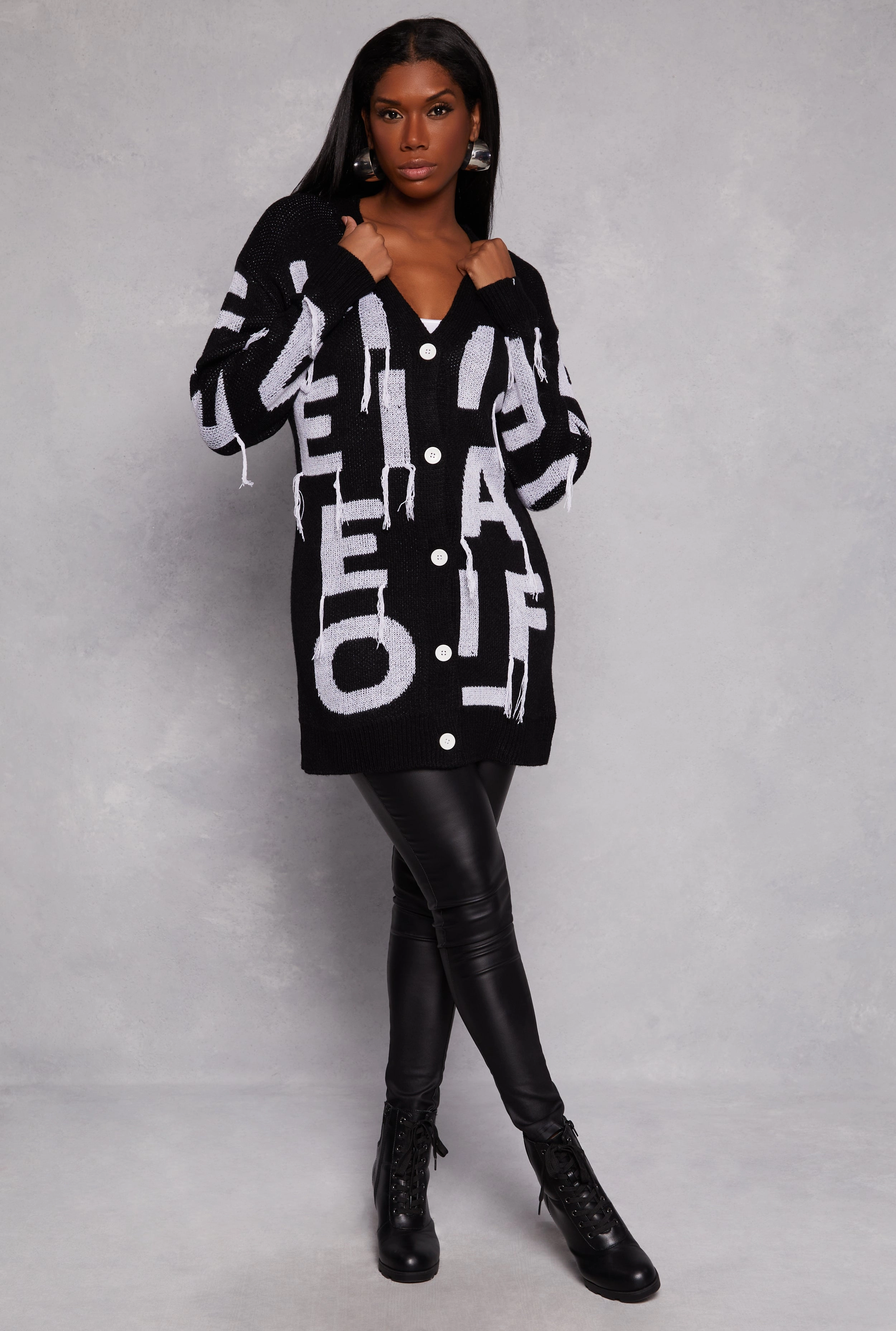 Alphabet Fringe Detail Button Front Cardigan