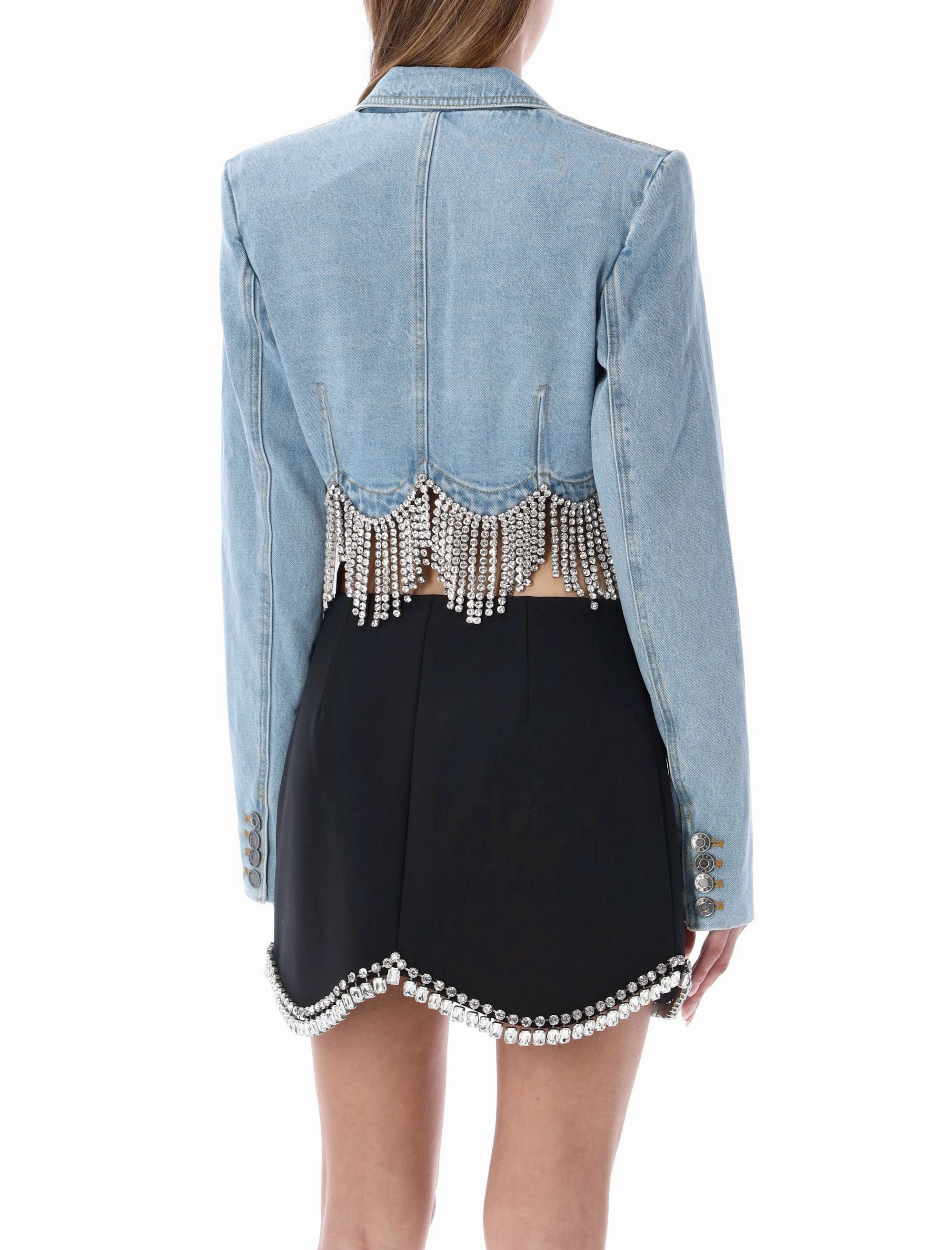 Area Embellished Long-Sleeved Cropped Denim Jacket