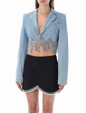 Area Embellished Long-Sleeved Cropped Denim Jacket