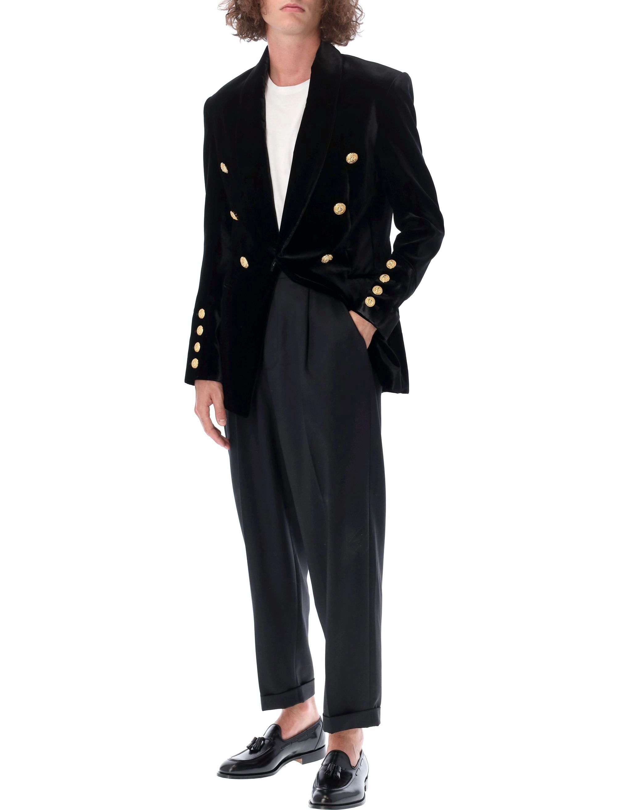Balmain Button Embellished Velvet Blazer