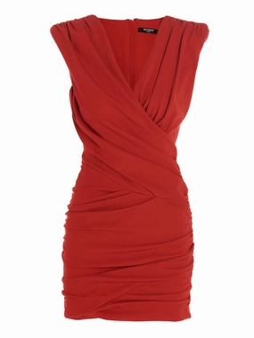 Balmain V-Neck Sleeveless Draped Mini Dress