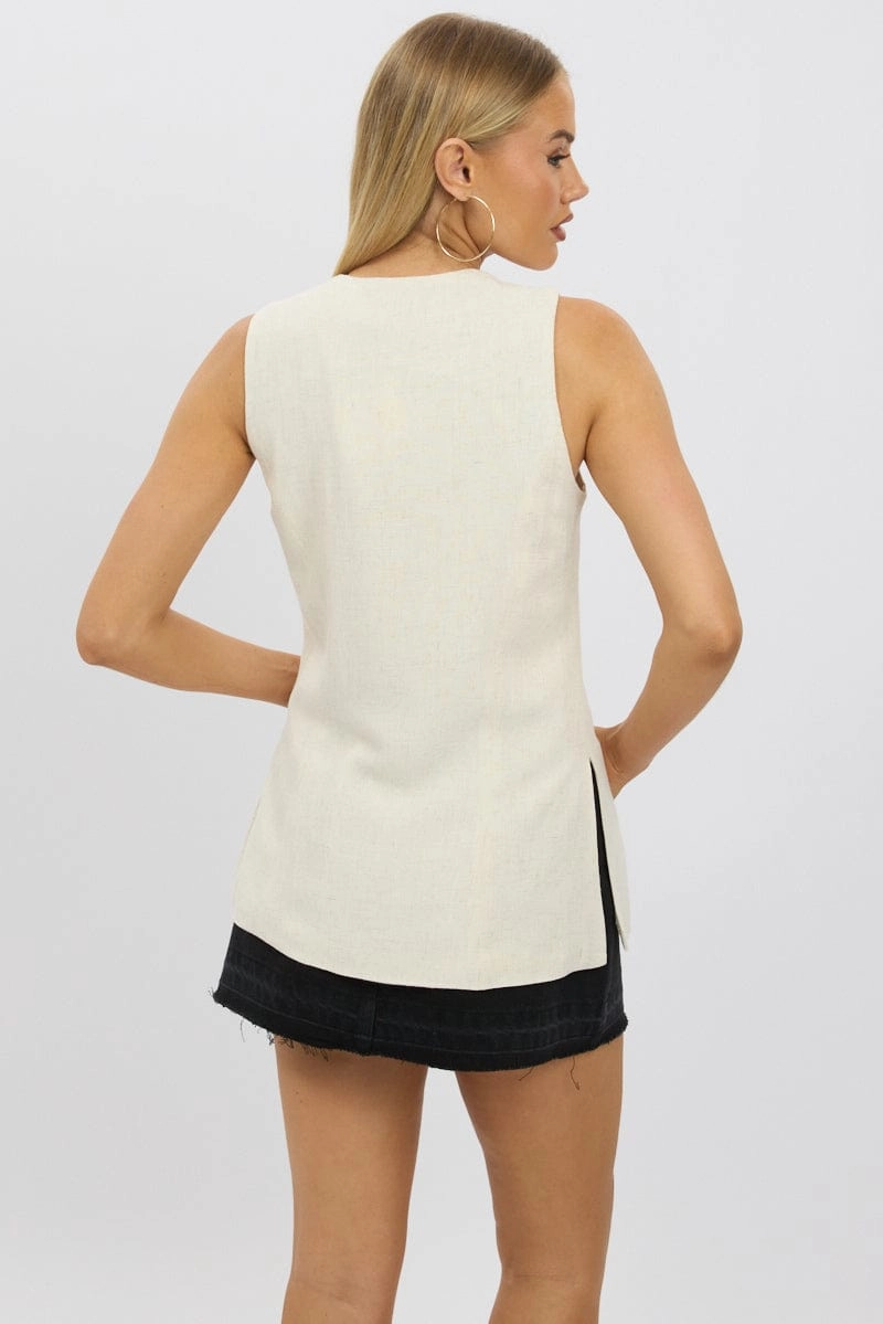 Beige Linen Vest Longline V Neck