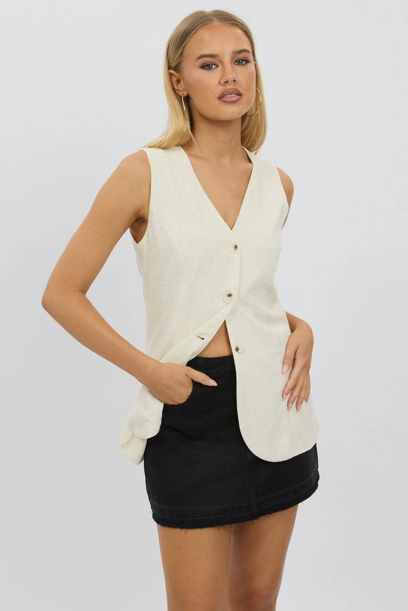 Beige Linen Vest Longline V Neck