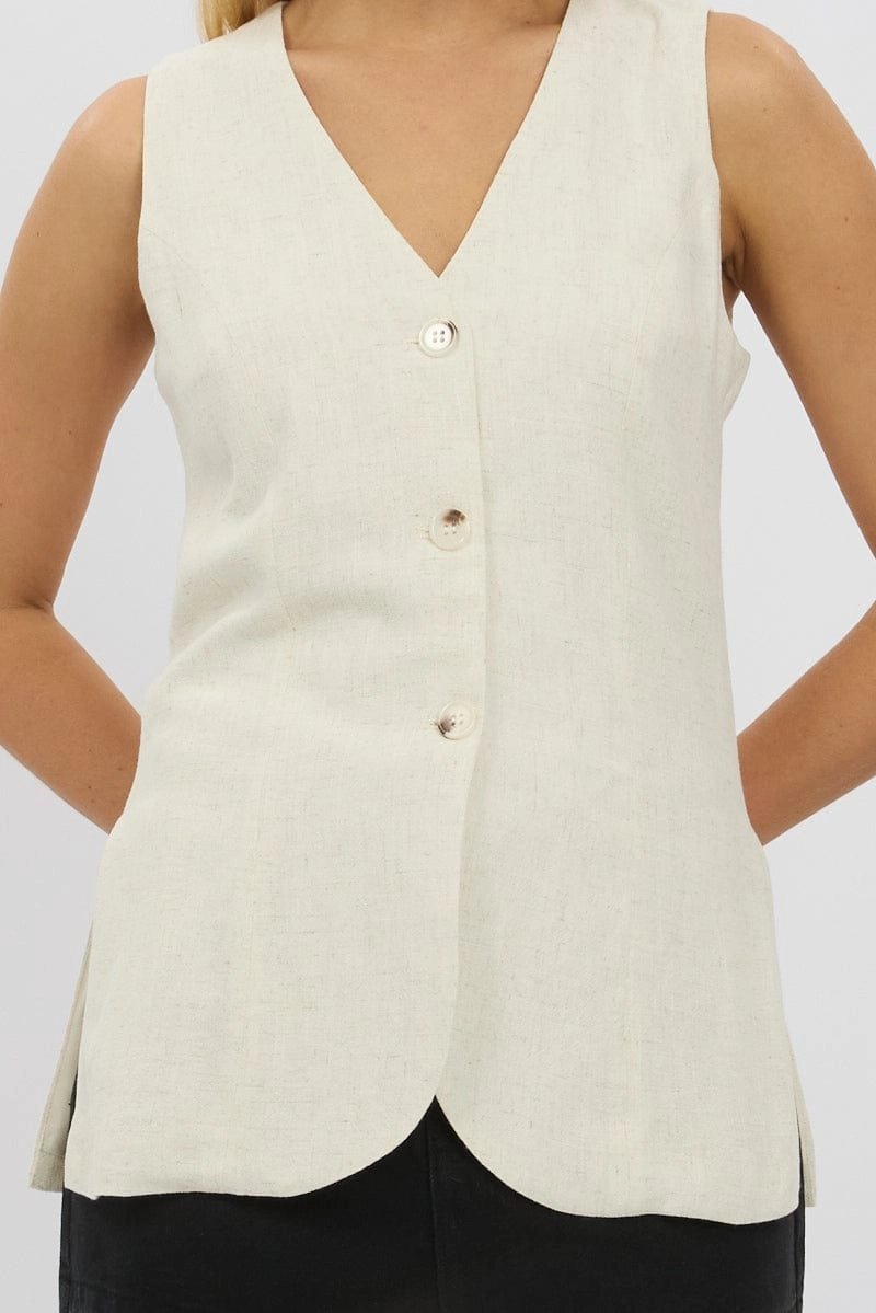 Beige Linen Vest Longline V Neck