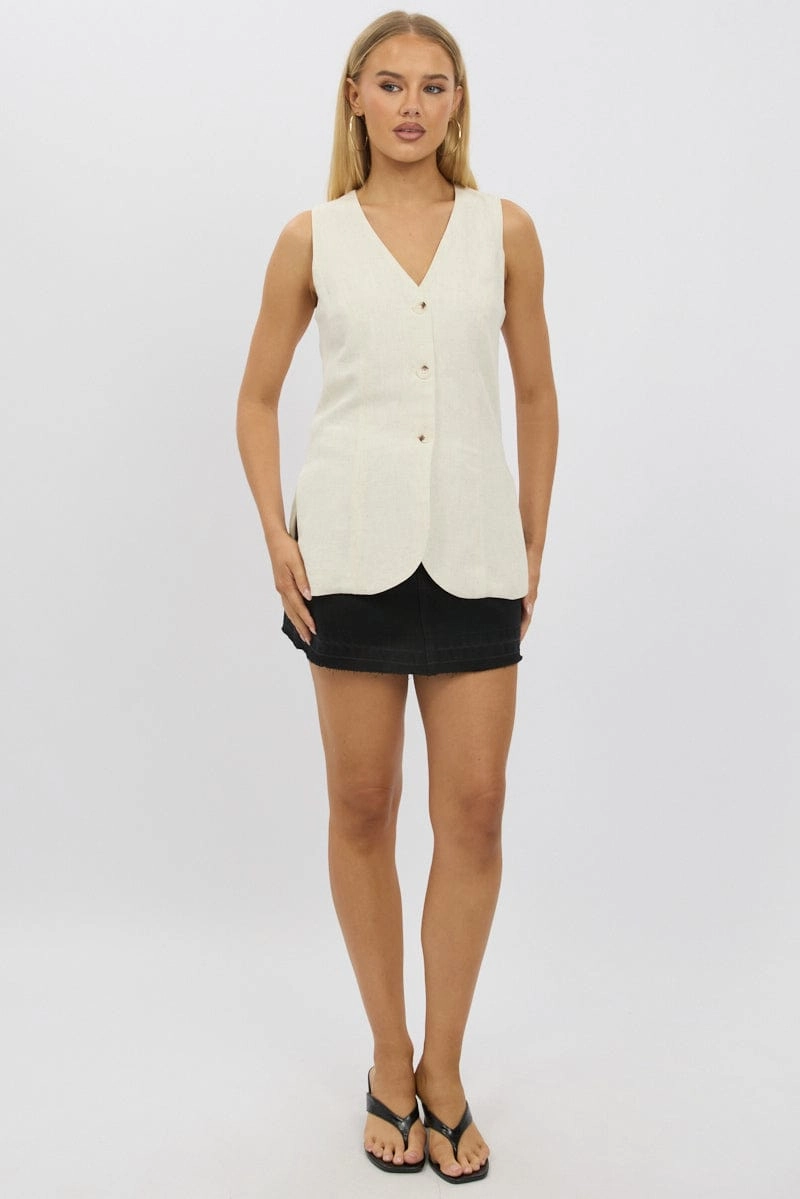 Beige Linen Vest Longline V Neck