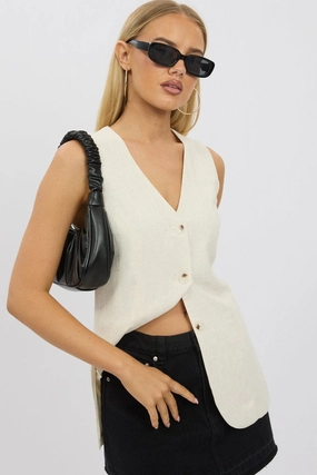 Beige Linen Vest Longline V Neck