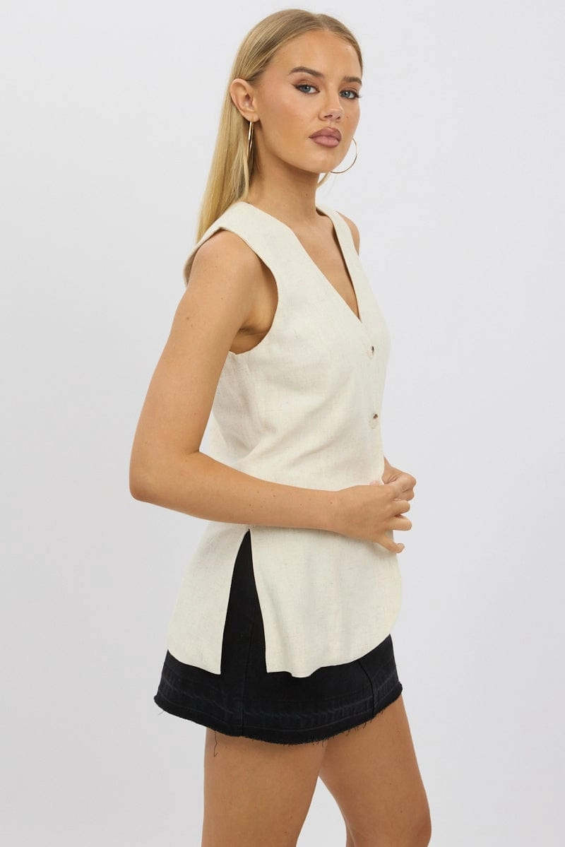 Beige Linen Vest Longline V Neck