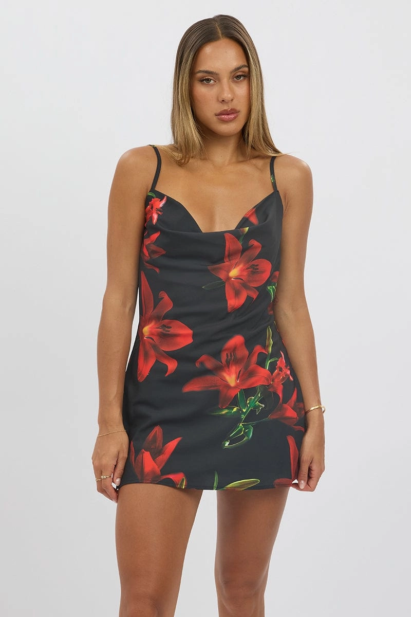 Black Floral Mini Dress Cowl Neck