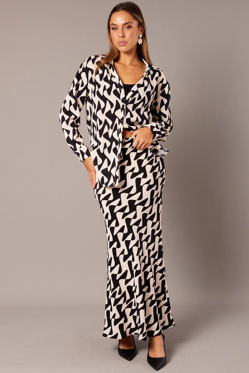 Black Geo Slip Skirt Maxi Drawstring Waist