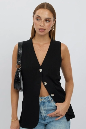 Black Linen Vest Longline V Neck