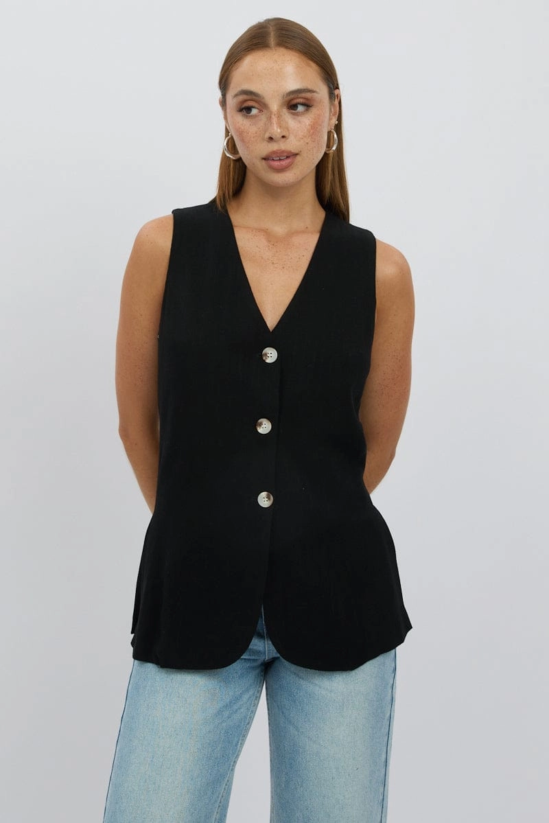Black Linen Vest Longline V Neck