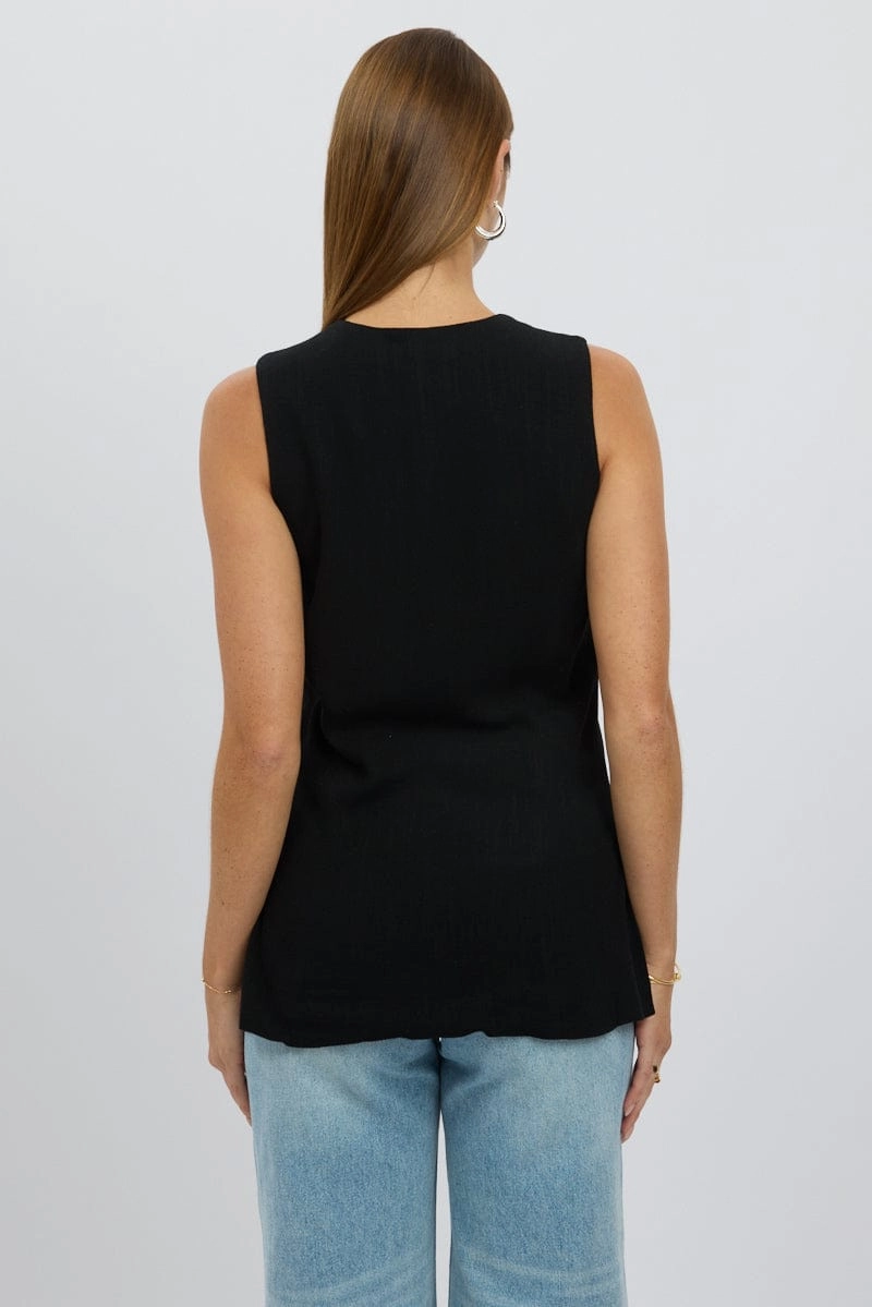 Black Linen Vest Longline V Neck