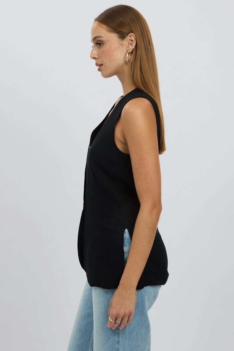 Black Linen Vest Longline V Neck
