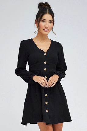 Black Long Sleeve Button Front Dress