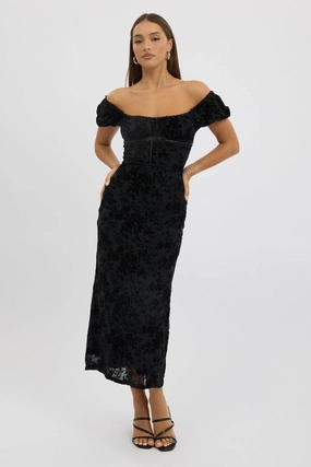 Black Maxi Dress Puff Sleeve Burn Out