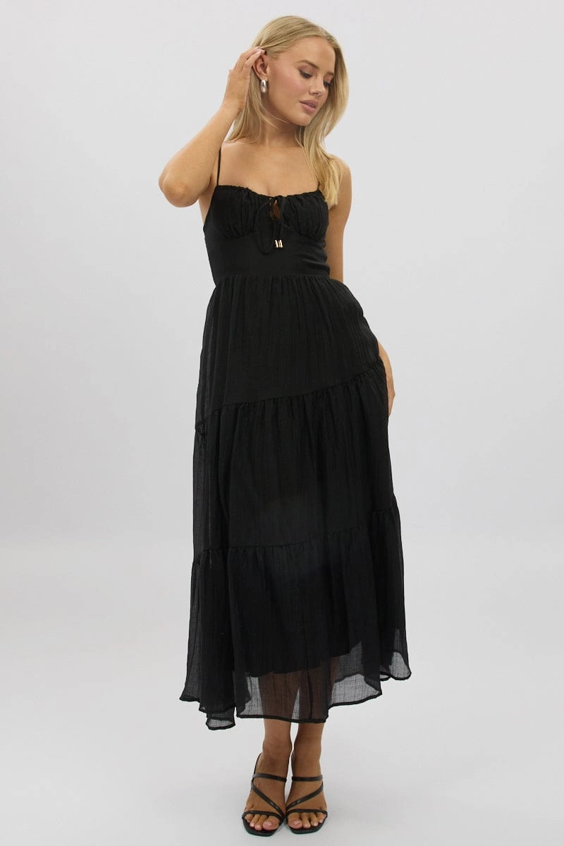 Black Midi Dress Tiered Strappy