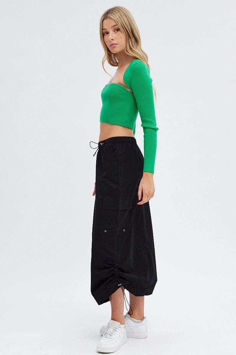Black Parachute Cargo Skirt Low Rise Midi