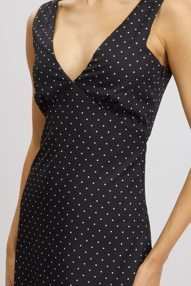 Black Polka Dot Maxi Dress V-neck