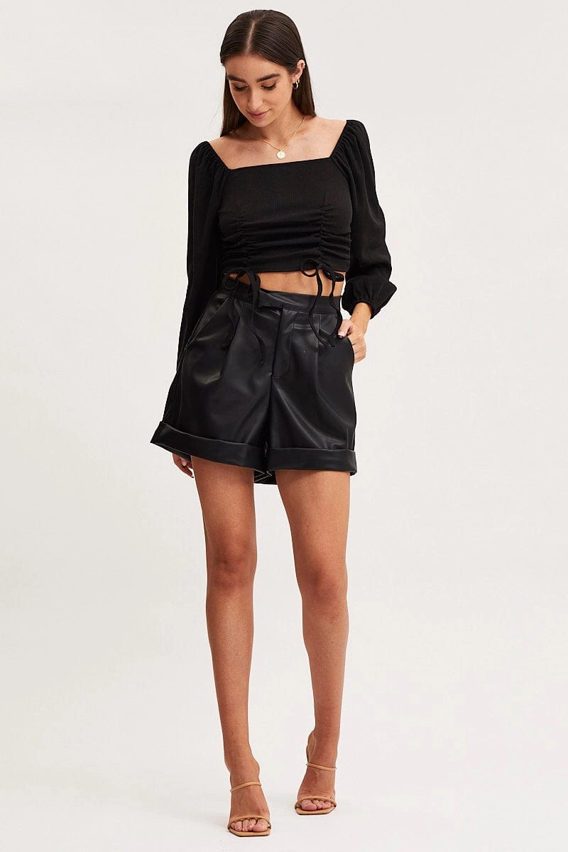 Black Ruched Crop Top Long Sleeve