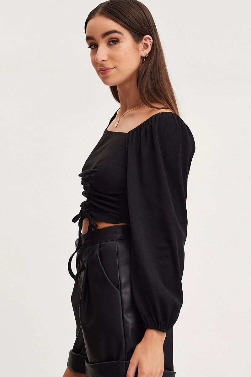Black Ruched Crop Top Long Sleeve