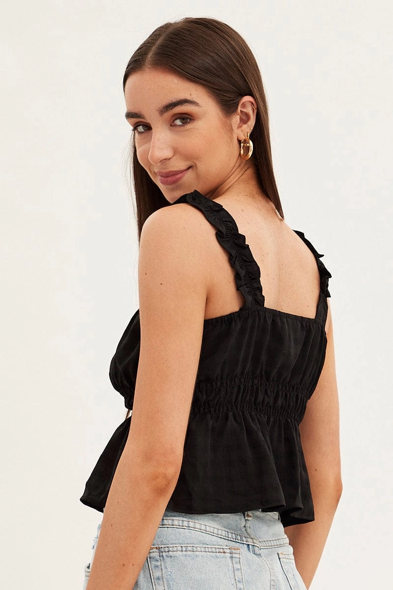 Black Ruffle Top Strap Gathered Waist Crop