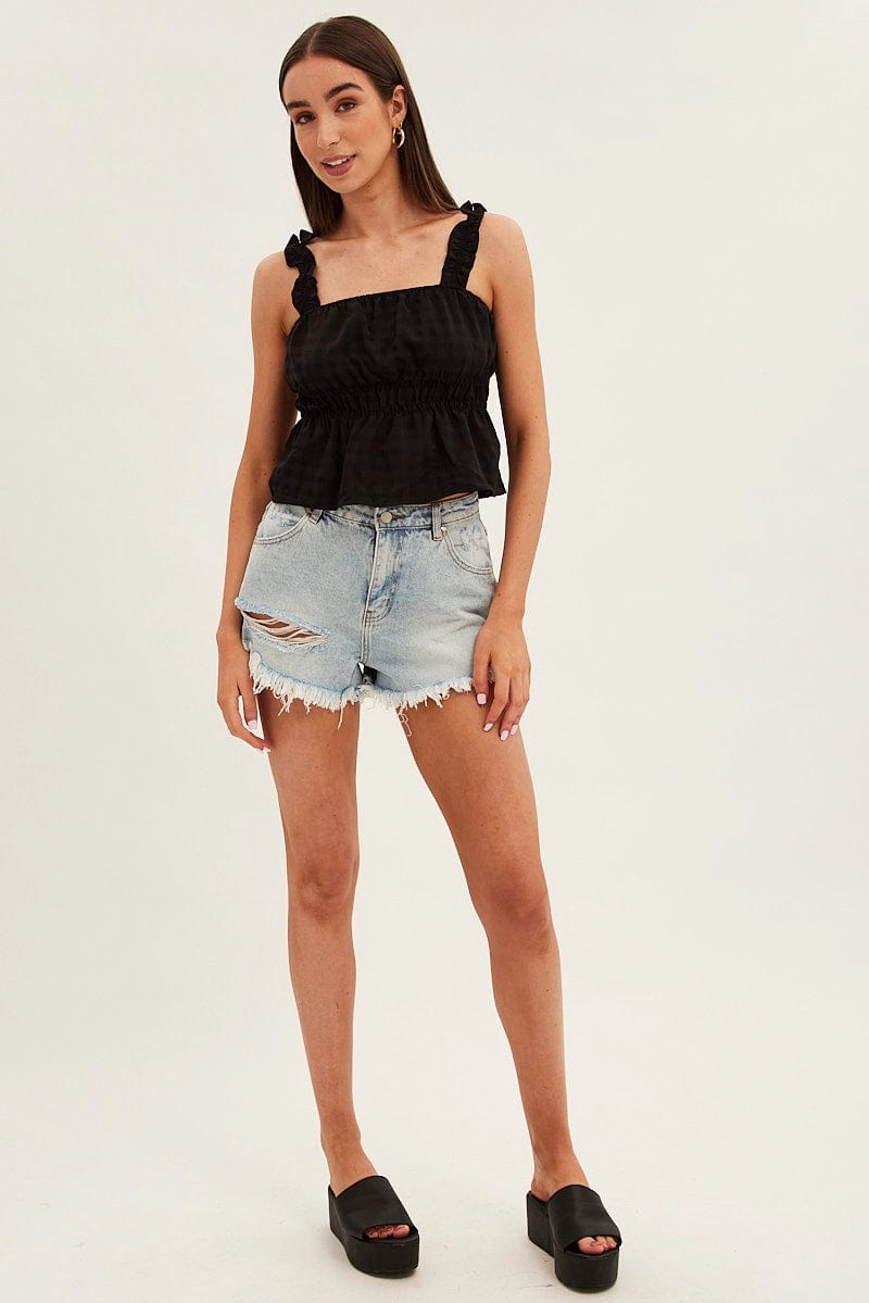 Black Ruffle Top Strap Gathered Waist Crop
