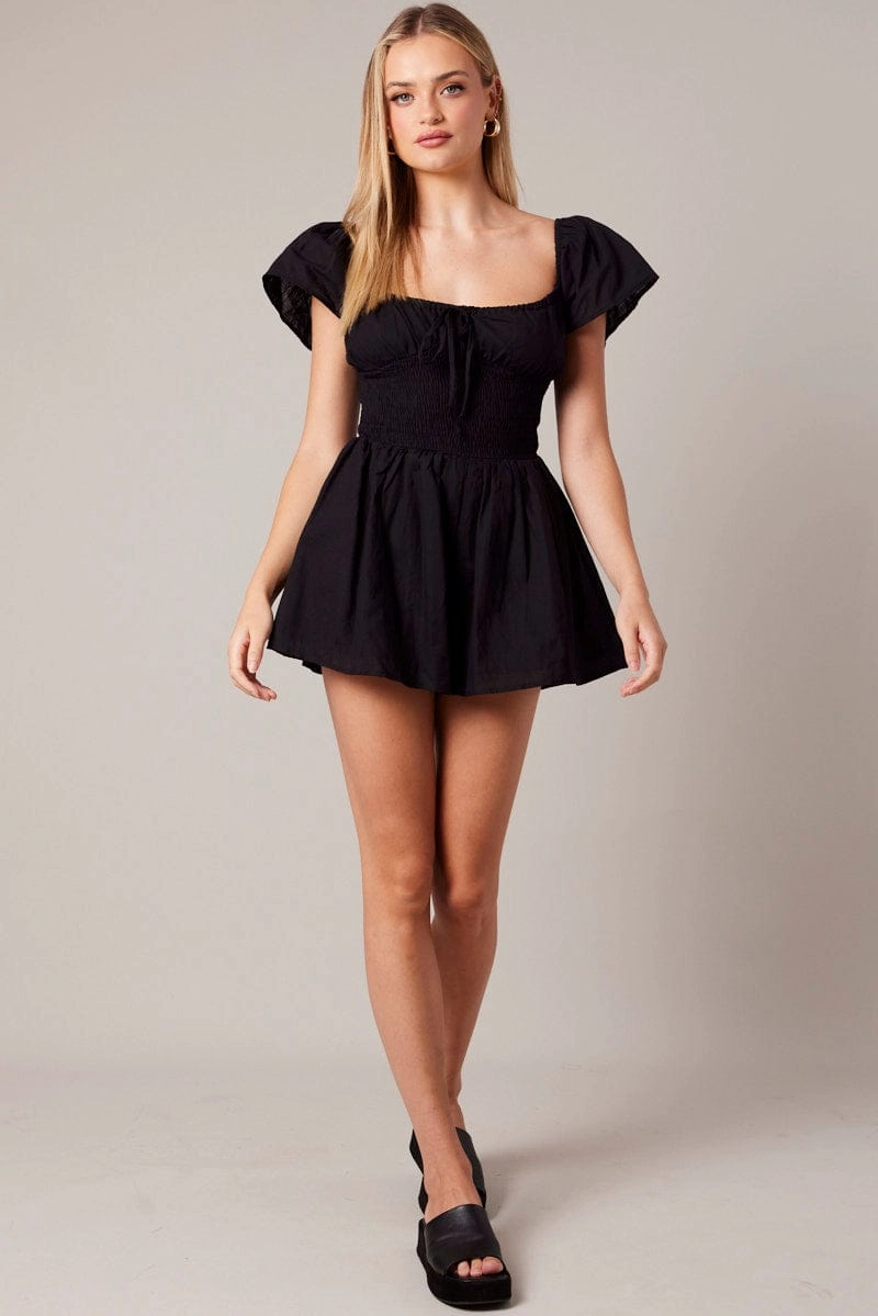 Black Shirred Playsuit Short Sleeve
