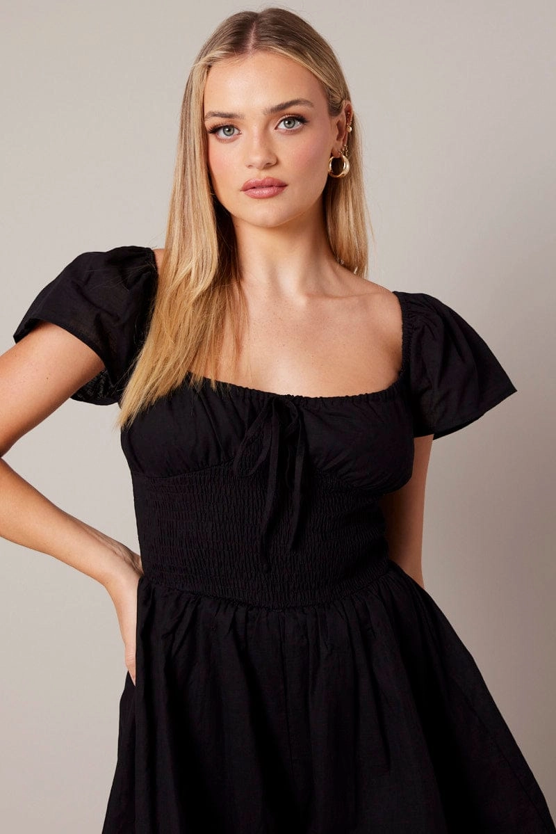 Black Shirred Playsuit Short Sleeve