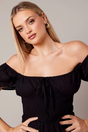 Black Shirred Playsuit Short Sleeve