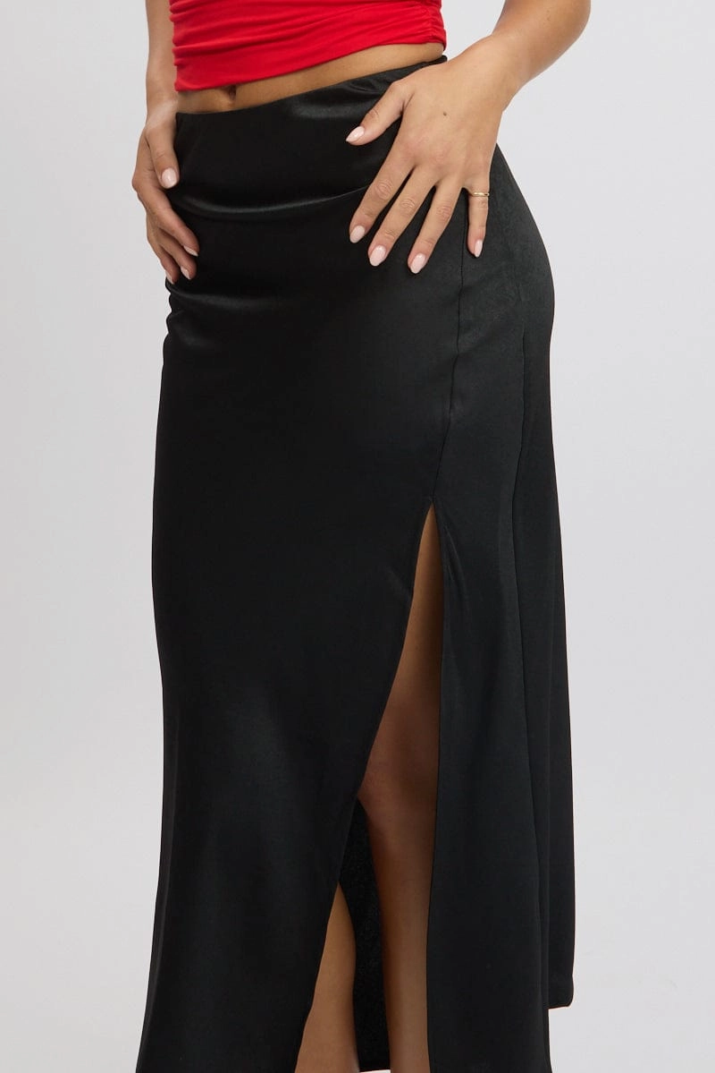 Black Slip Skirt High Waist Front Split Midaxi Satin