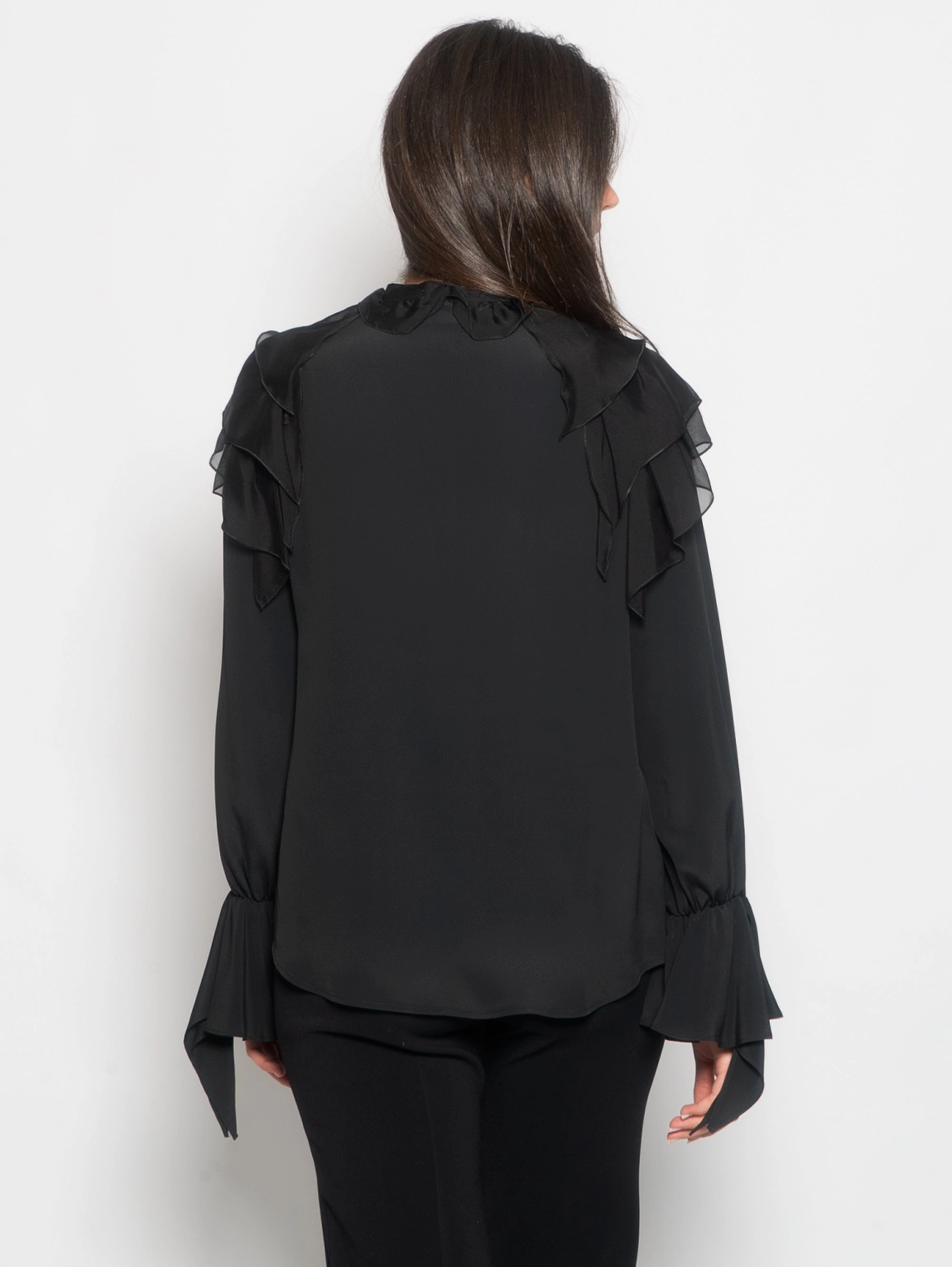 Blouse with Cascade of Black Ruffles
