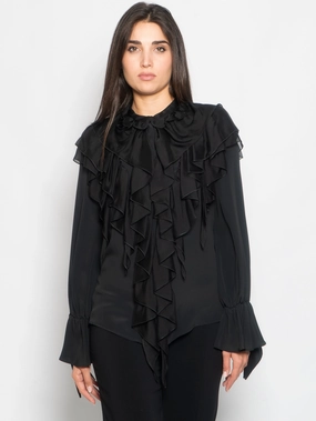 Blouse with Cascade of Black Ruffles