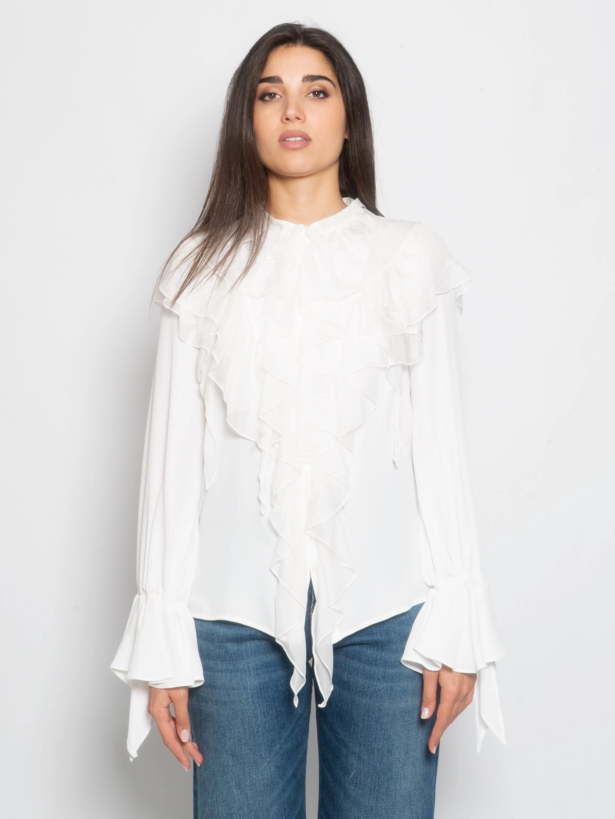 Blouse with Cascade of White Ruffles