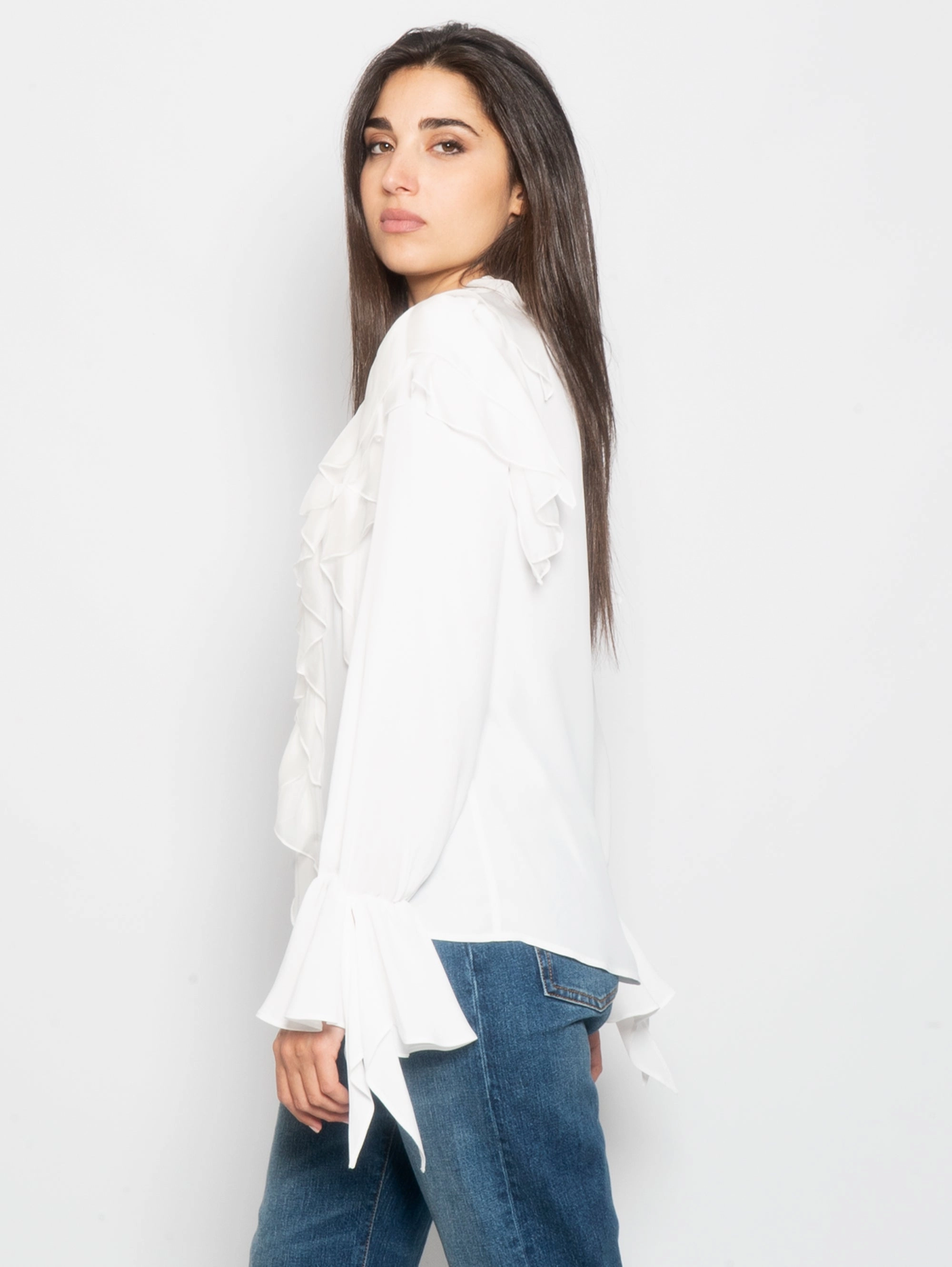 Blouse with Cascade of White Ruffles