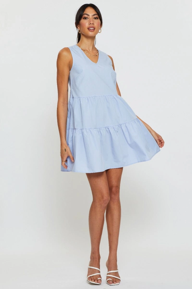 Blue A Line Dress Mini V Neck
