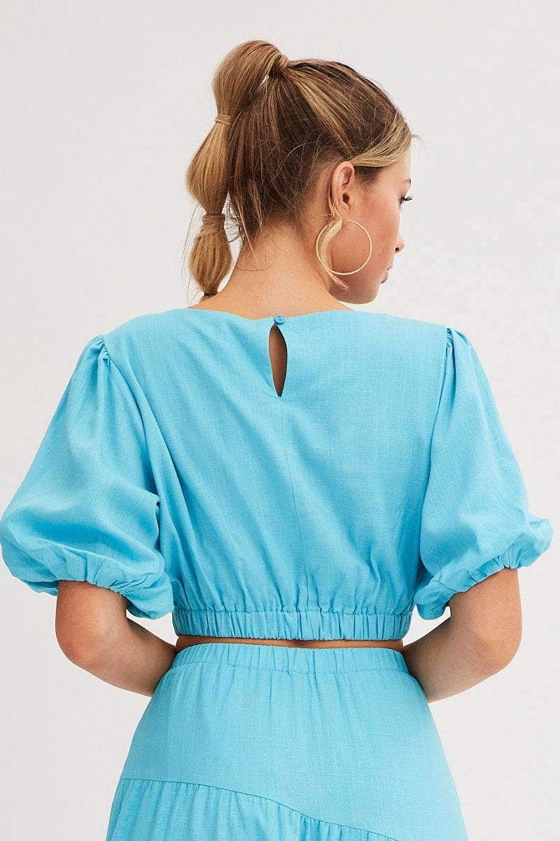 Blue Crop Top Puff Sleeve