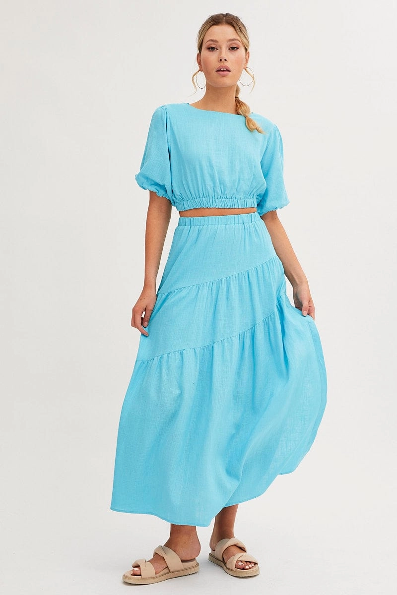 Blue Crop Top Puff Sleeve