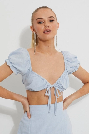 Blue Designer Puff Sleeve Tie Front Crop