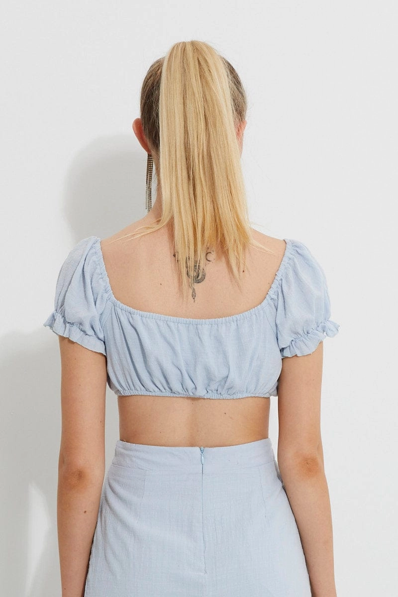 Blue Designer Puff Sleeve Tie Front Crop