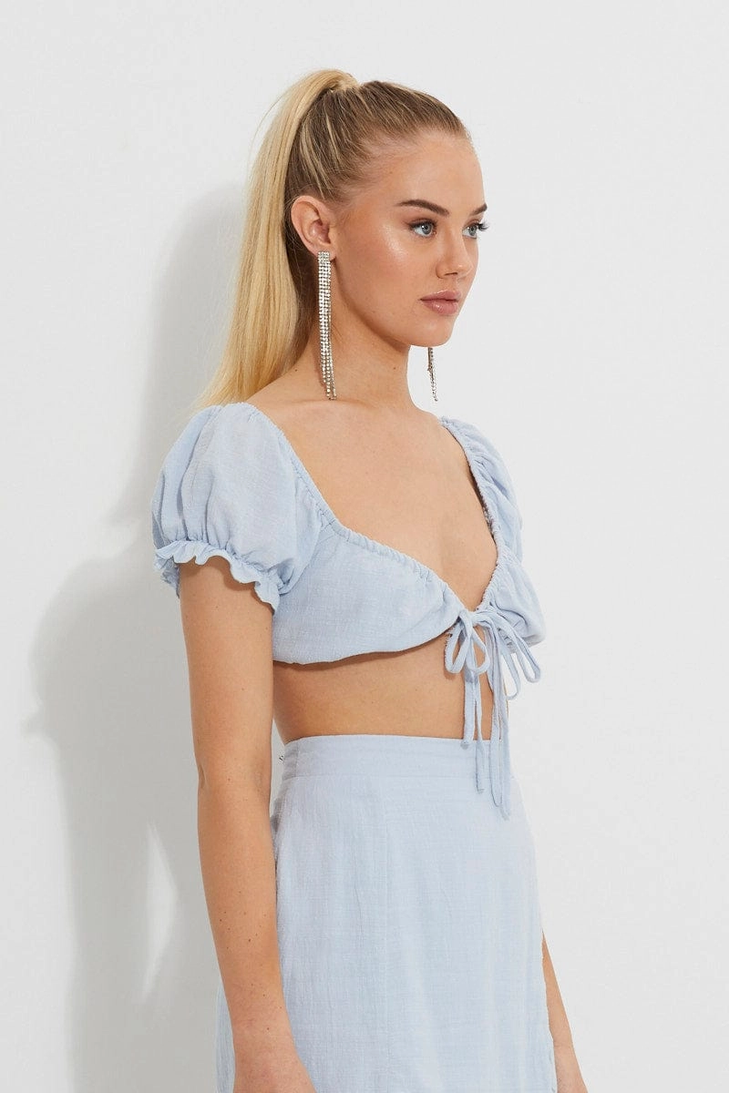 Blue Designer Puff Sleeve Tie Front Crop