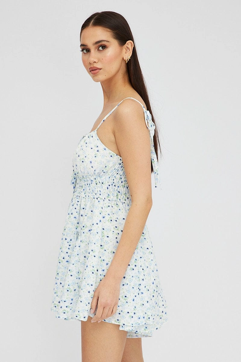Blue Ditsy Ruffle Playsuit Sleeveless