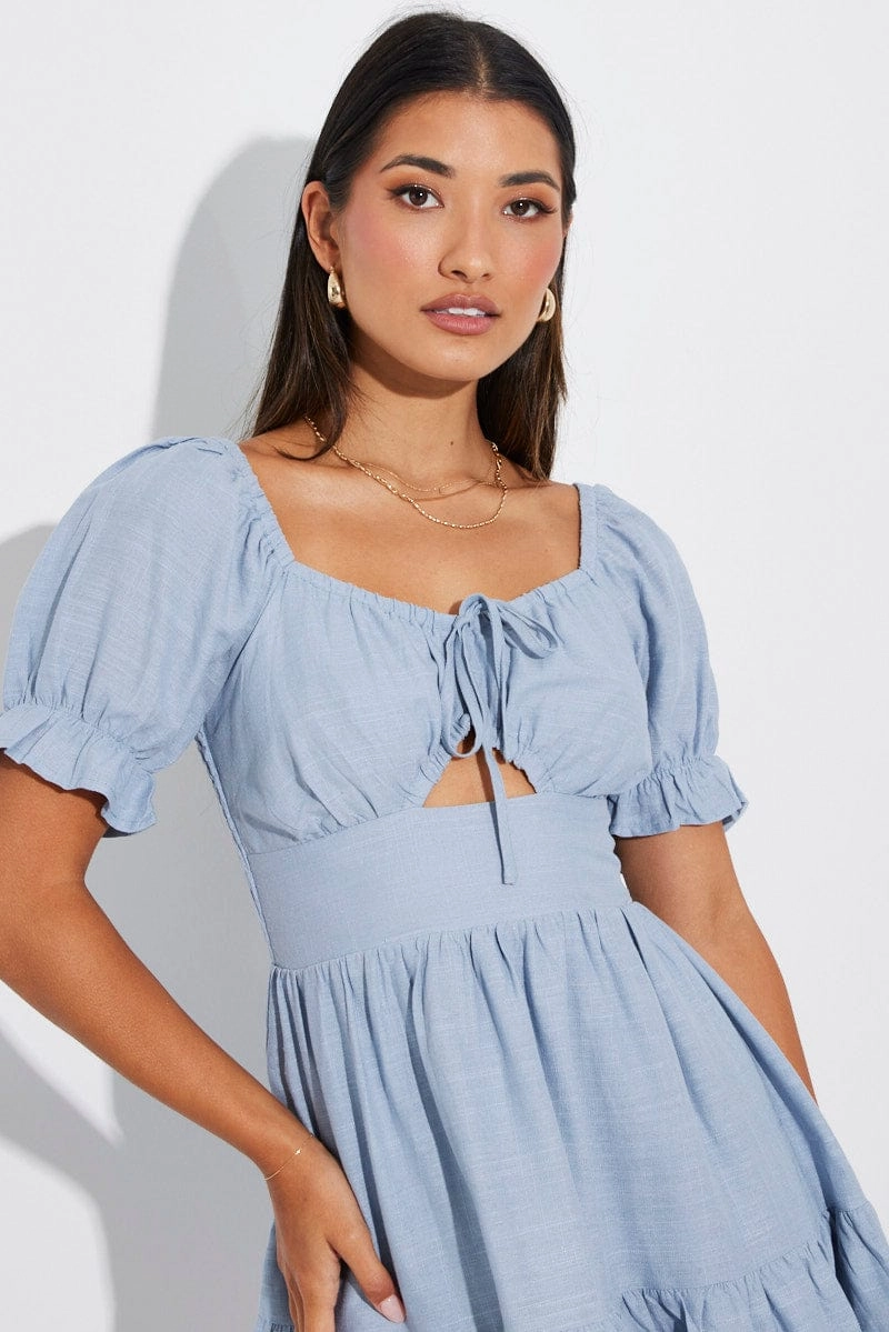 Blue Fit and Flare Dress Short Sleeve Linen Blend