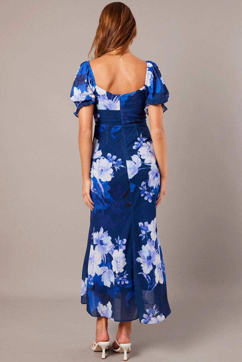 Blue Floral Midi Dress Puff Sleeve